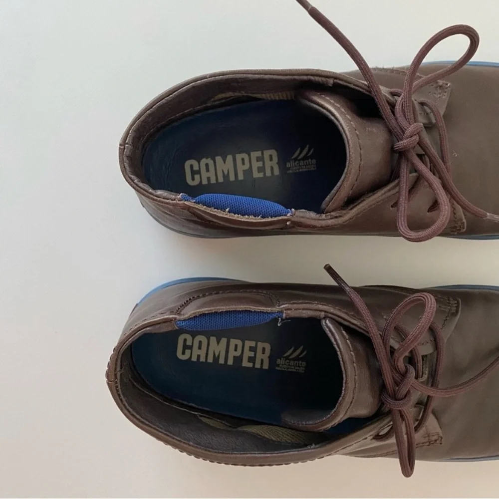 Camper Lace-up Chukka Boots in Brown Leather with Blue Soles, Size US 11, EUC